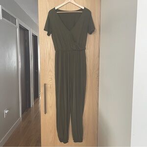 Olive Green Women's Jumpsuit, surplice neckline,‎ elastic cuffs